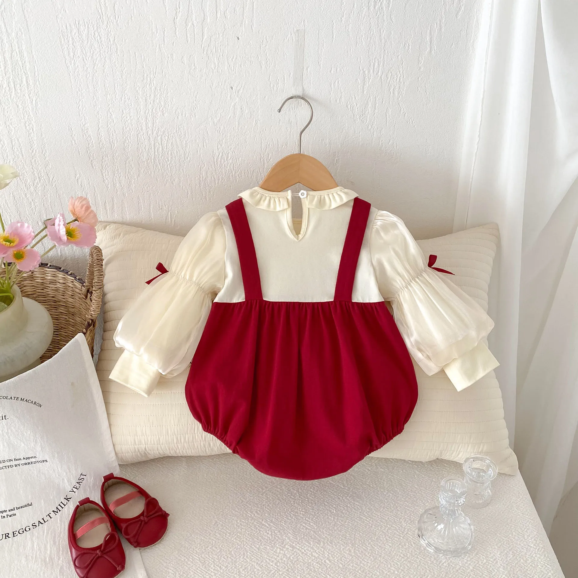 Ins Autumn 2024 Newborn Girls Rompers Bubble Sleeve Bow Rabbit Spliced Infant Girls Bodysuit 0-2 Years Baby Girls Outfits