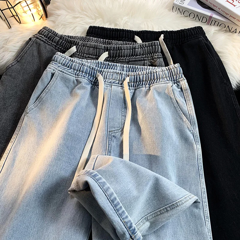 New Baggy Men's Jeans Korean Style Classic Straight Denim Pants Wide Leg Black Solid Color Loose Cotton Trousers Male Streetwear