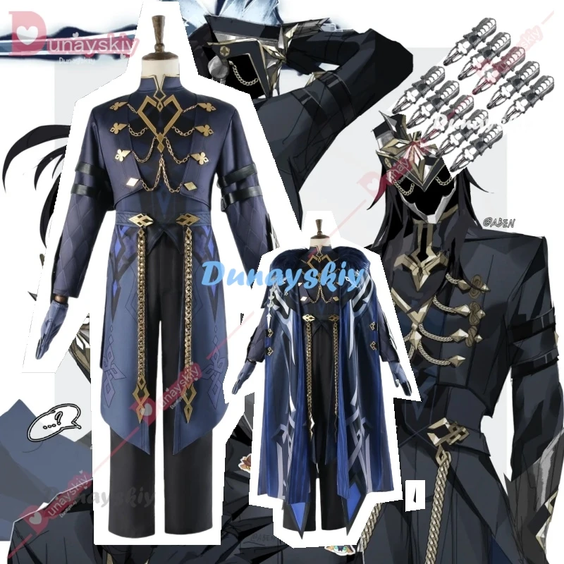 II Capitano Cospaly Genshin Impact Eleven Fatui Harbinger Costume Cloak Shield Black Uniform Halloween Party Captain