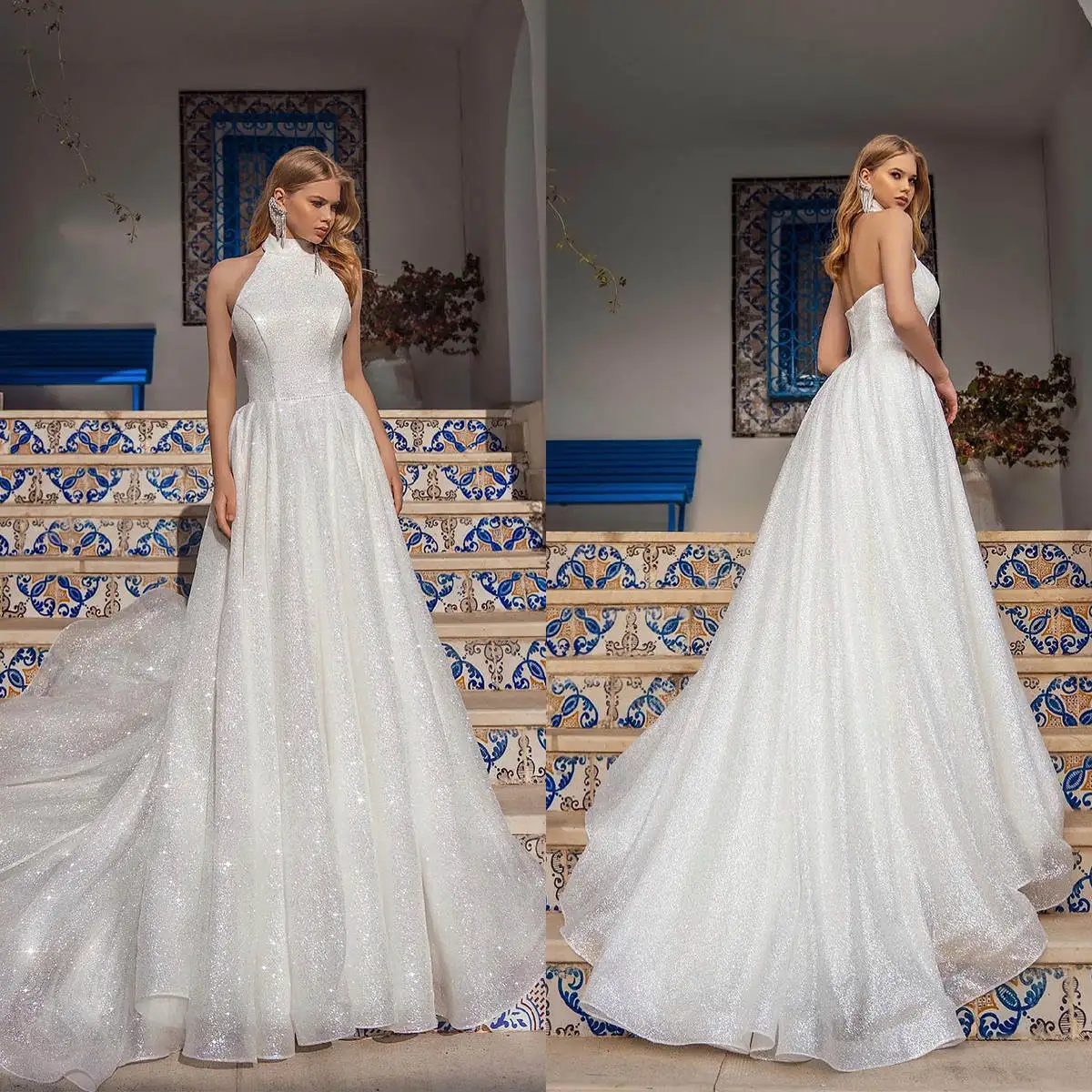 Fashion A-Line Gown Wedding Dresses Sequins Lace Halter Sleeveless Bridal Gowns Plus Size Colour vestidos de novia Customized