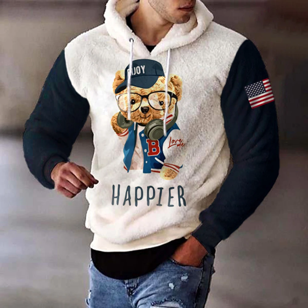 

2024 Spring New Fashion Trend Men Long Sleeved Hooded Sweatshirt Bear Pattern Casual Versatile American Street Style Hoodie