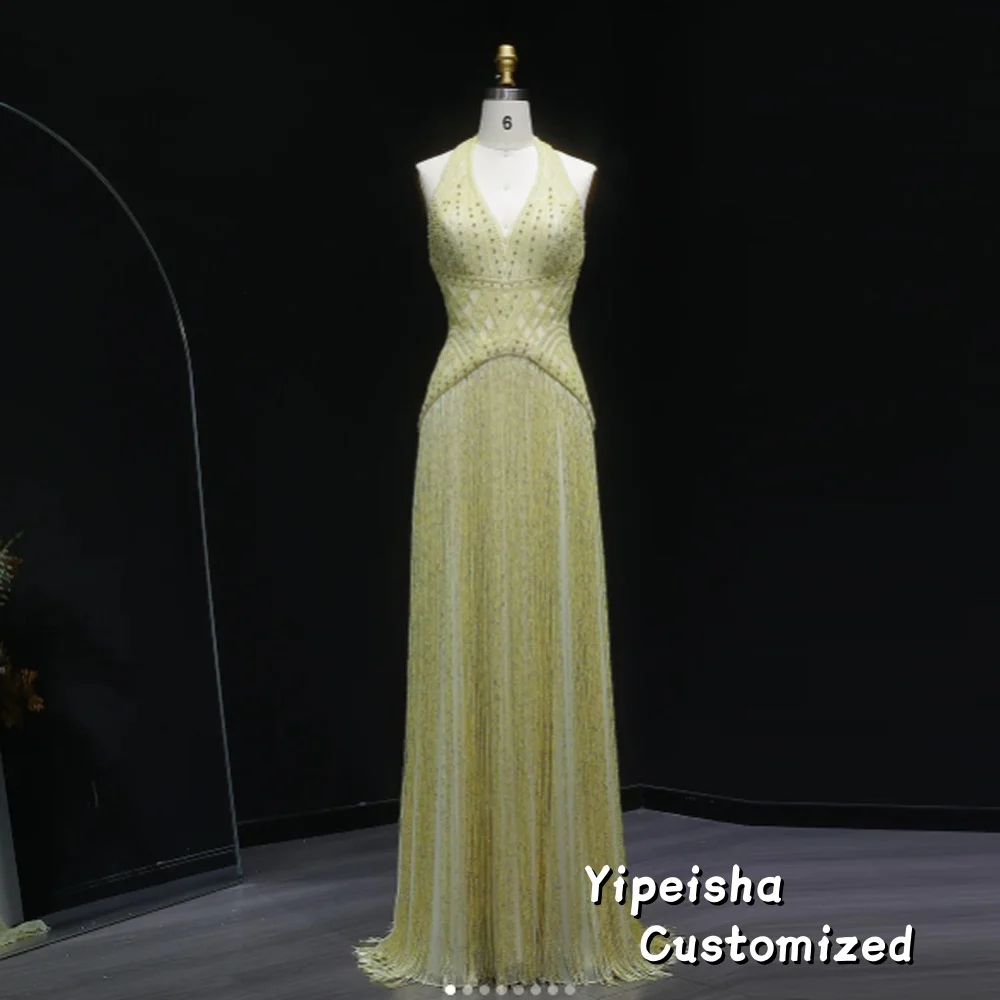 Op maat gemaakte prachtige gele chiffon avondjurk Elegante V-hals halter galajurk Klassieke rugloze jurken voor speciale gelegenheden