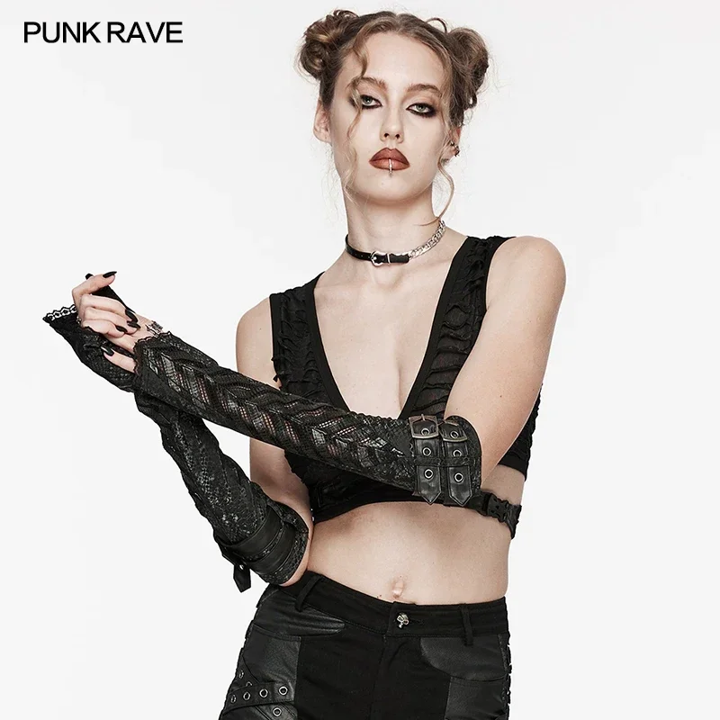 

PUNK RAVE Women's Cool Punk Snake Print Taped Knit Sleeves Gloves Slim Fit Horn Style Design Party Club Black Arm Accessories