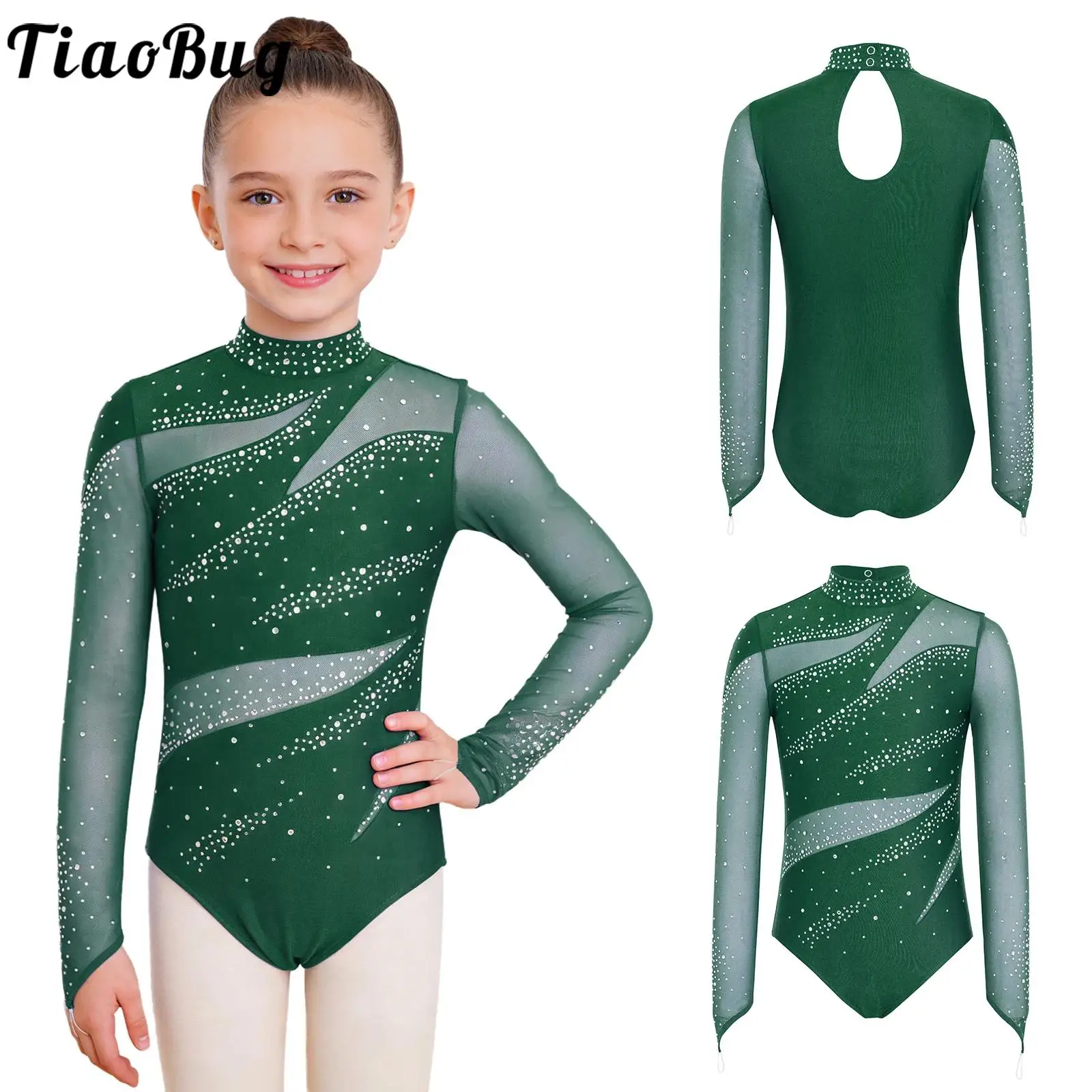 Kids Girls Rhythmic Gymnastics Ballet Leotards Mesh Glittery Rhinestones Bodysuit Figure Skating  Athletic Performance Costume