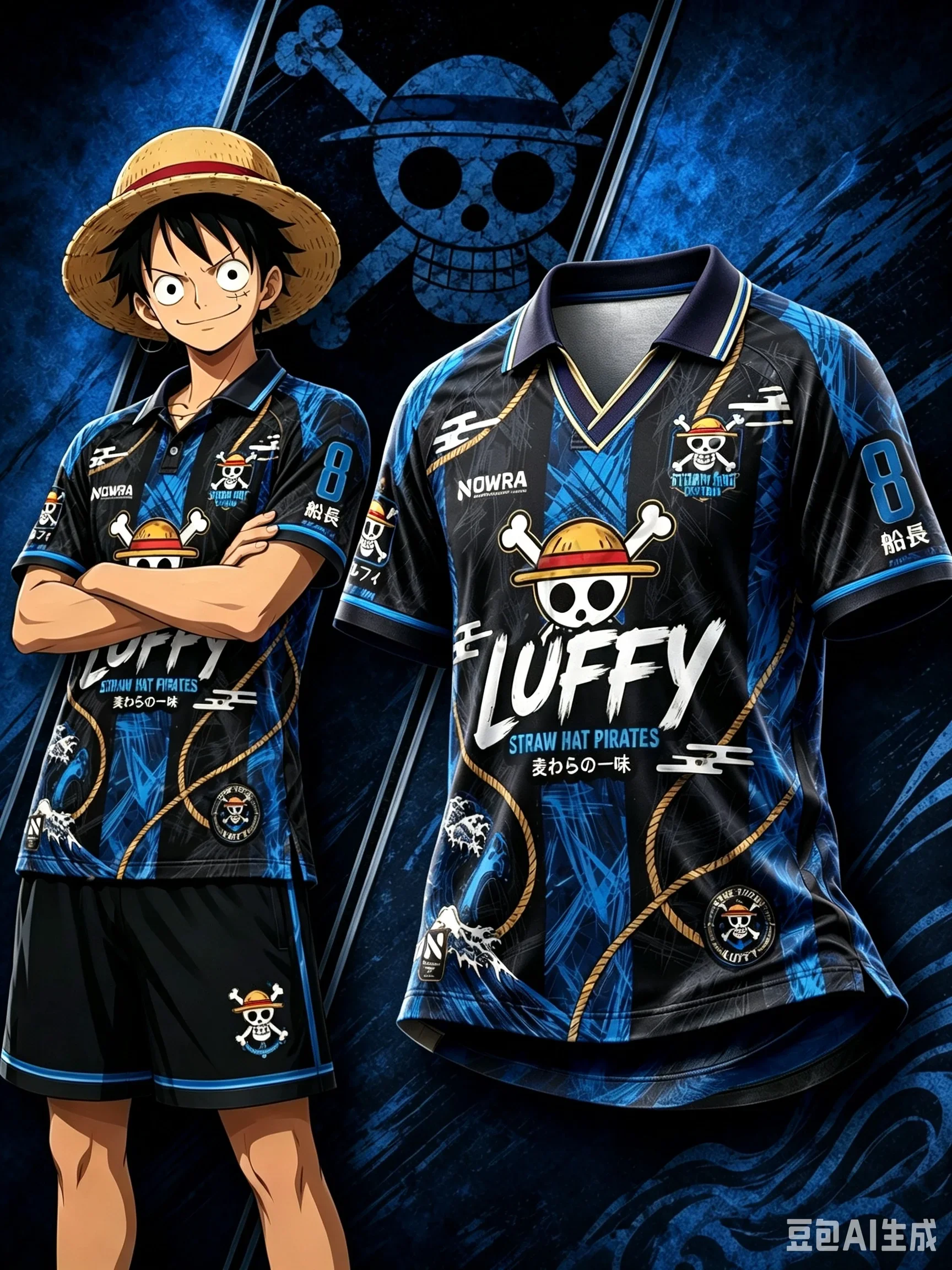2026_27 Neues One Piece Luffy Series Fußballtrikot mit Kragen, Modisches Streetwear für Männer und Frauen, Unisex Anime Sportbekleidung, Familien-Partnerlook – Detail 10
