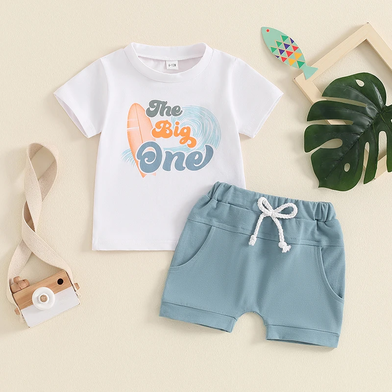 Baby Boy First Surfer Birthday Outfits Set Short Sleeve The Big One T-Shirt Shorts 2Pcs Summer Ocean Wave Clothes