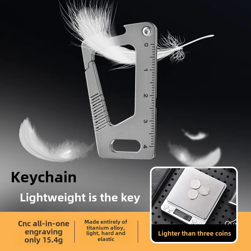 Multifunctional Titanium Keychain With The scale, mini cutter,EDC titanium keychain bottle opener carabiner for outdoor