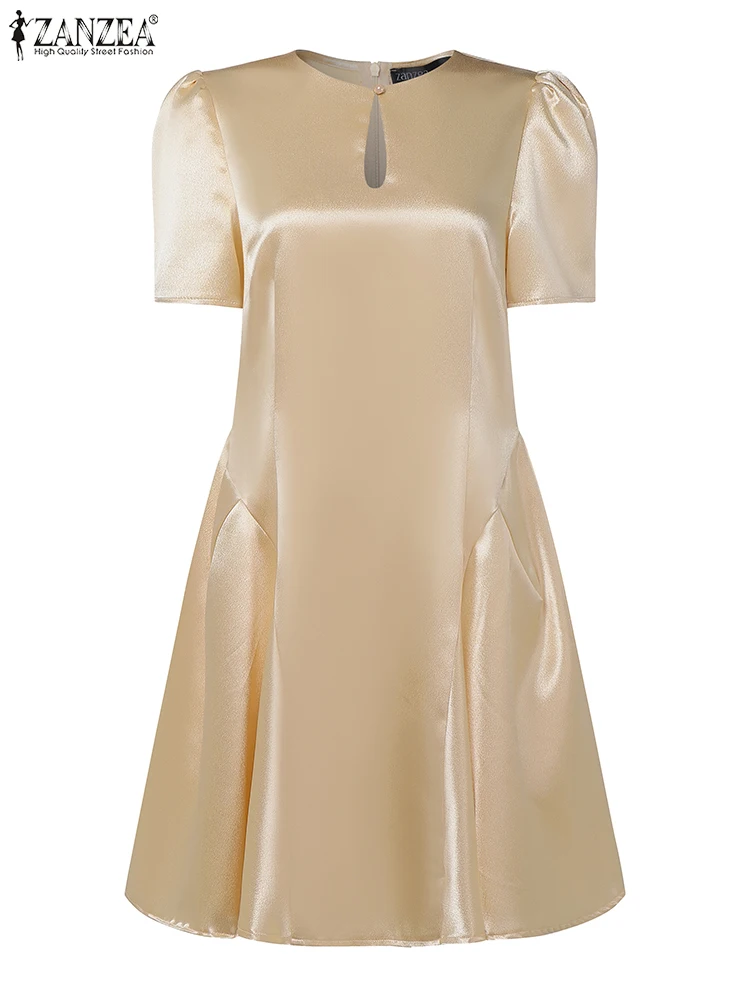 ZANZEA لامعة الساتان ثقب المفتاح س الرقبة ألف خط الجلباب قصيرة الأكمام 2025 موضة أنيقة الصلبة فستان كوكتيل حفلة امرأة فساتين صغيرة