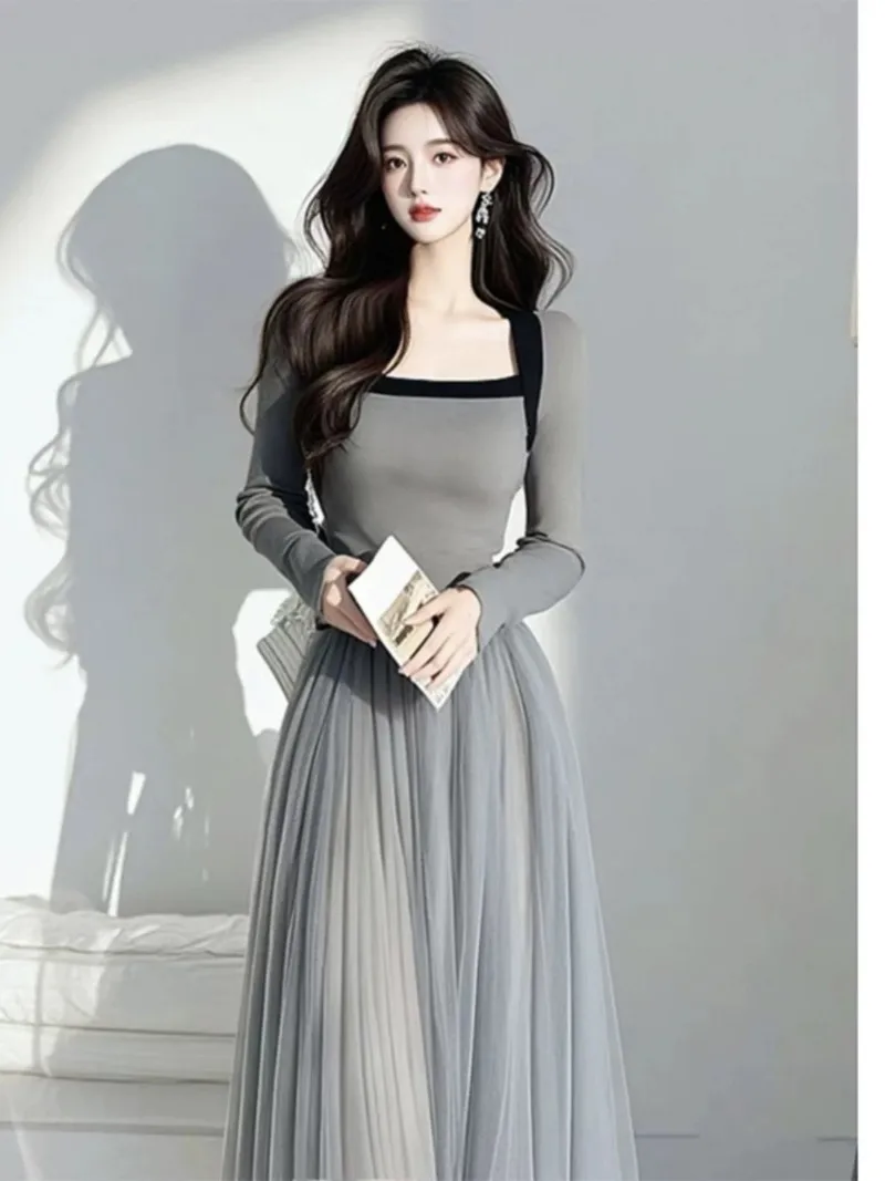 新しいフランスのハイエンド秋パッチワークドレスの女性のファッションエレガントなスクエアカラースリム長袖メッシュパーティードレス Vestidos