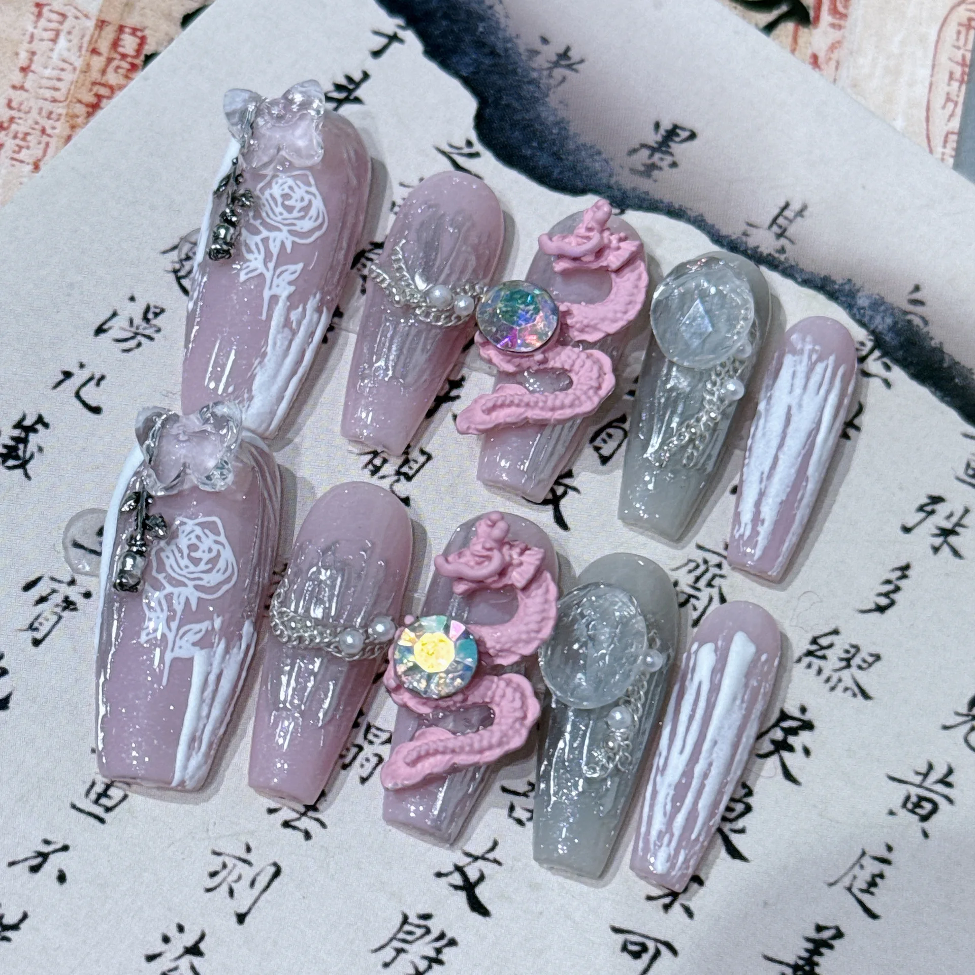 Handmade Pink Press on Nail with Chinese Dragon Design Long Ballerina Full Cover Fake Nails Wearable Rhinestone False Nails Tips