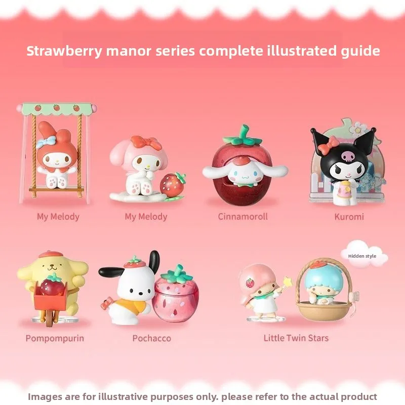 Sanrio personajes fresa serie Estate caja ciega Kuromi My Melody Cinnamoroll personaje modelo Pom Purin muñeca regalo juguete