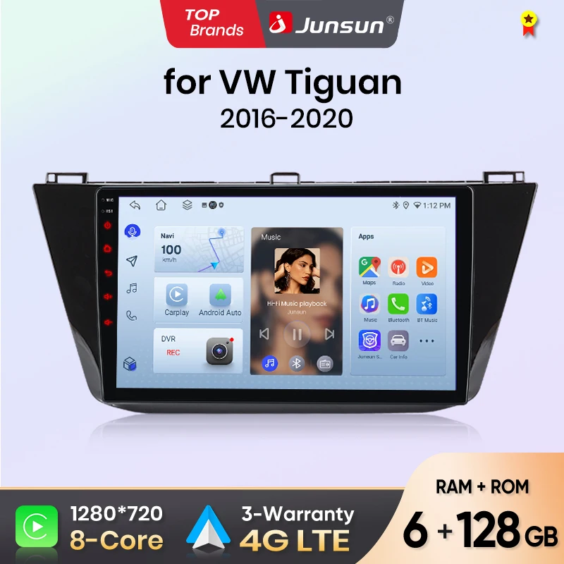 Autoradio Junsun pour VW Volkswagen Tiguan 2016 2017 2018 2019 2020 CarPlay Android Auto FM RDS DSP BT GPS Navi SWC Écran tactile HD IPS Plug & Play Lecteur multimédia Appel mains libres Style voiture d'origine Unité centrale
