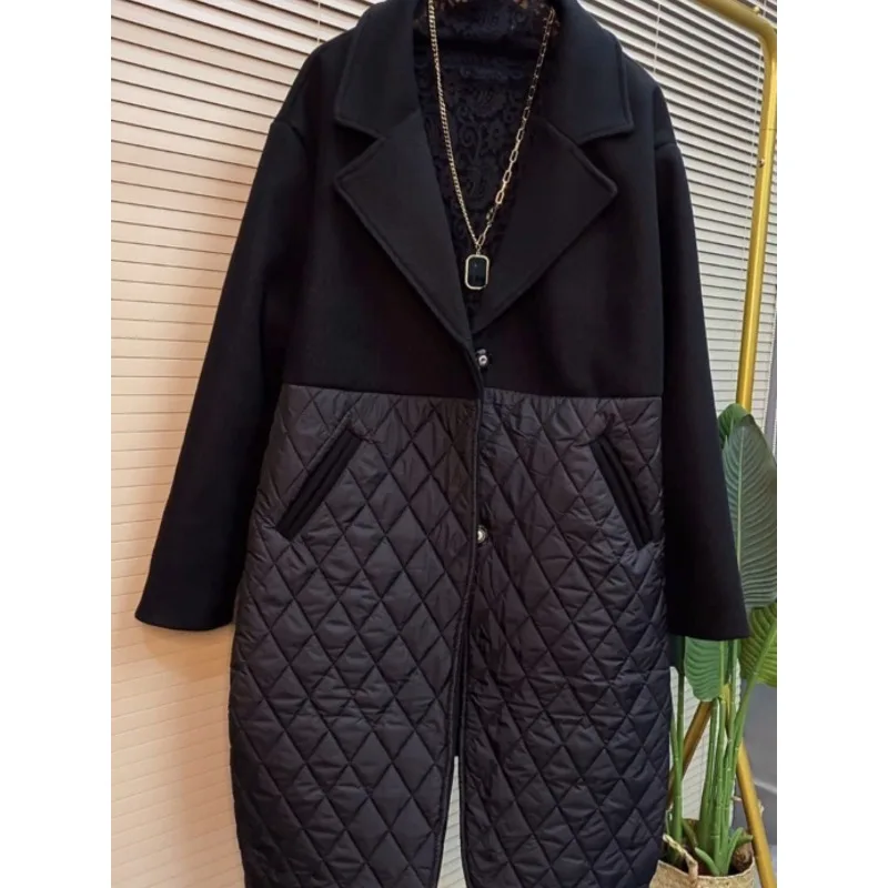 Fat Sister Inverno / Autunno Nuovo Cappotto trapuntato in lana trapuntata con diamanti da donna di grandi dimensioni in cappotto lungo in cotone con colletto a silhouette