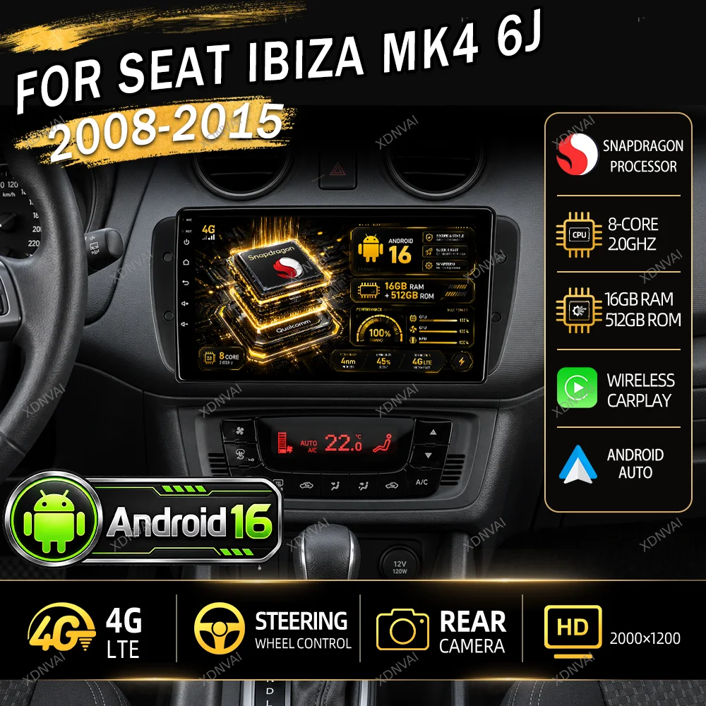 Android 16 Car Radio For Seat Ibiza MK4 6J 2008-2015 Multimedia Video Player Navigation Audio Auto Head Unit DSP 5G WIFI GPS BT