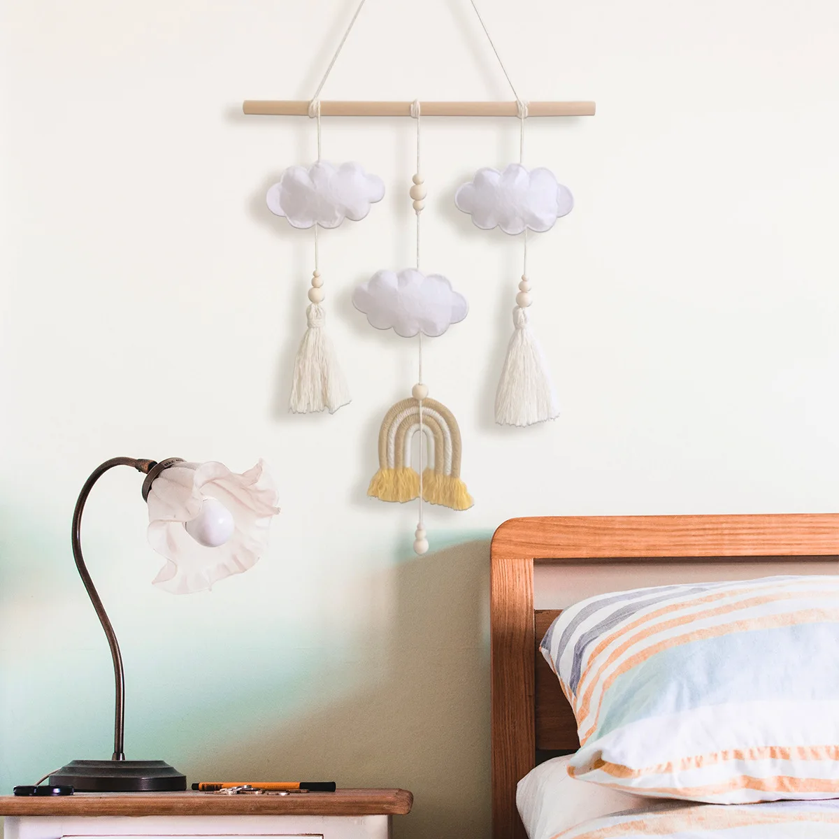 Cute Felt Cloud Hanging Ornament Wooden Stick Tassel Pendant, Baby Kids Room Nursery Wall Hanging Decor Photography Photo Props