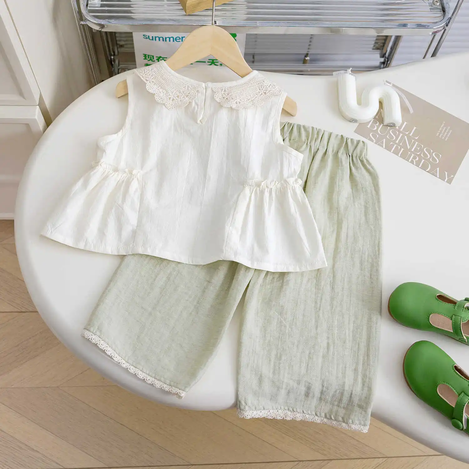 Girls' Lace Round Neck Tank Top Loose Wide Leg Pants Two Piece Set Children's Casual Sleeveless Top Baby Girls Summer Set