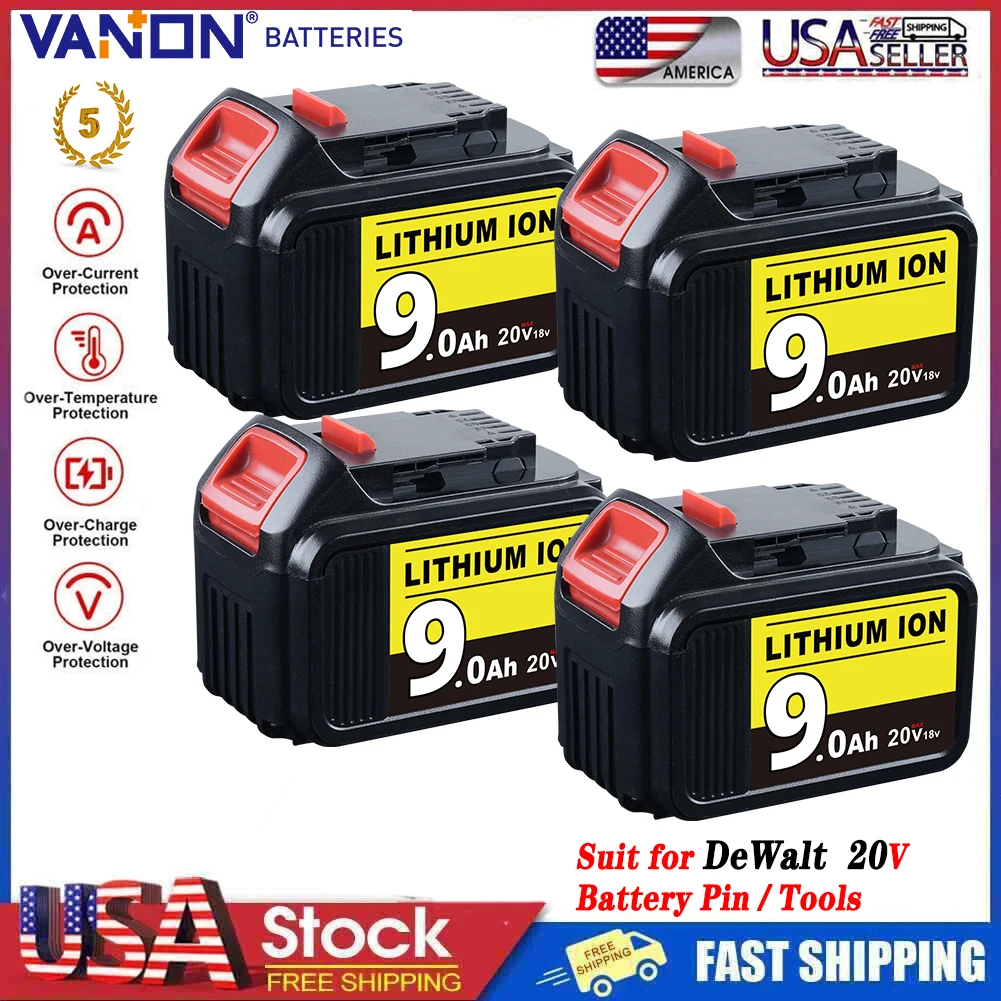 

VANON 1/2/4 упаковки DCB205 9,0 Ач, замена для Dewalt DCB200 DCB201 DCB204 DCB206 20 В, макс. литий-ионный аккумулятор, костюм для электроинструмента