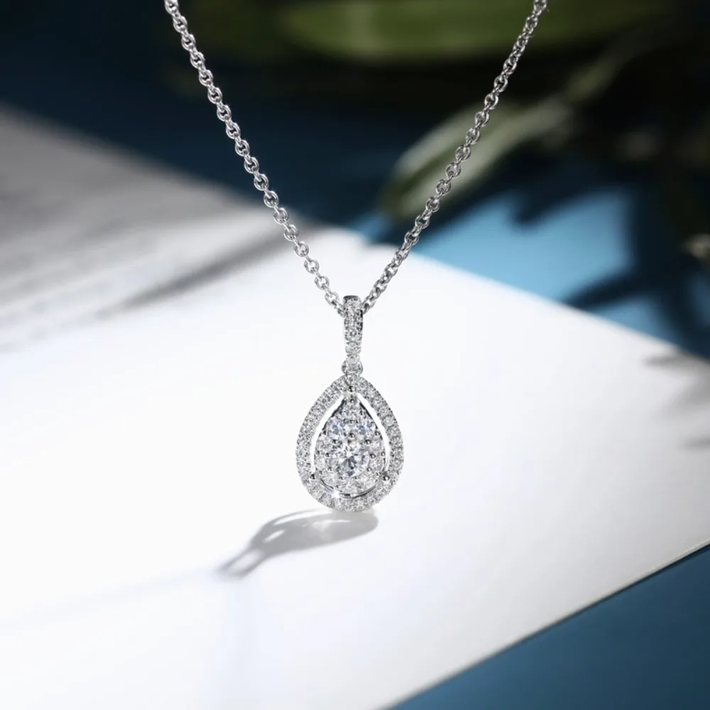 Luxury Sparkle Pear Teardrop Double Halo Hollow Outline Inlay Round 5A Zircon Pendant Necklace for Women Bride Wedding Jewelry