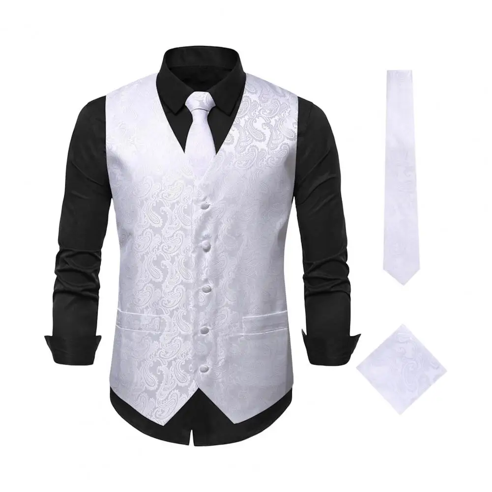 

Men Waistcoat Stylish Men's Waistcoat Set with Cashew Nut Print V-neck Design Business Tie for Spring Events Formal Occasions