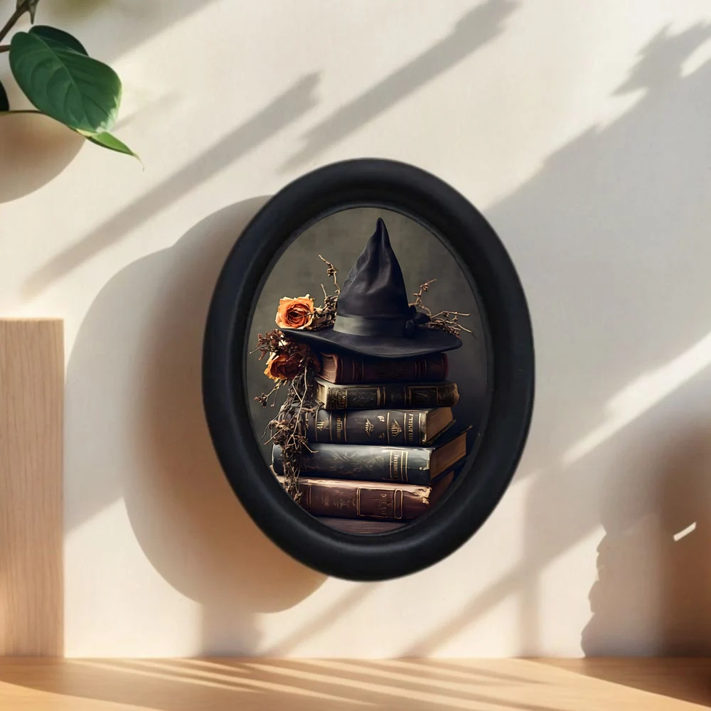 1 Piece 3D Retro Halloween Witch Hat Decorative Mural on Book - Handmade Oval Wooden Decorative Wall Art (525* 4.16inch), Gift of Book Hobbyers, Oval Decoration, Halloween, Christmas, Thanksgiving Victoria Room Dark Decoration