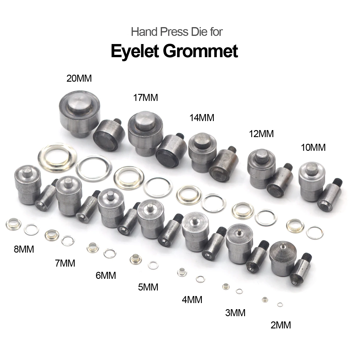 KALASO 1Set Eyelet Grommet Die 2mm 3mm 4mm 5mm 6mm 8mm 10mm 12mm 14mm 17mm 20mm For Hand Press Tool Machine