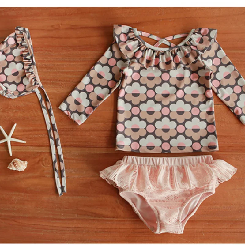 

New 3Pcs Kids Girls Swimsuit Ruffle Floral Swimwear Long Sleeve Swimming Top+ Lace Briefs+Swim Hat Set Bathing Beachwear CC162