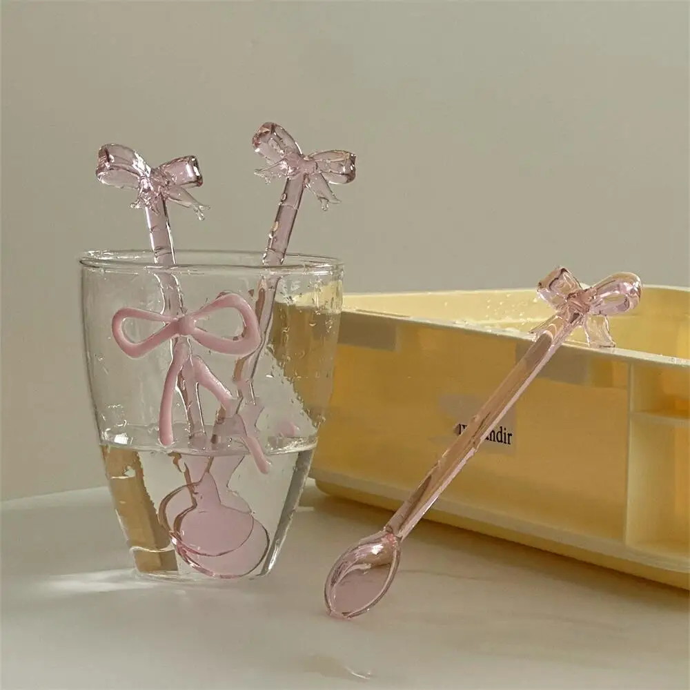 Pink Bow  Glass Spoon Borosilicate Heat-resistant Glasses Stirring Spoon For Coffee Milk  Juice  DessertSpoon