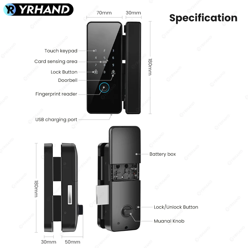 Tuya APP Smart Biometric Electronic Glass Door Fingerprint Lock Bluetooth Lock 13.56Mhz RFID Control Keyless Unlock For office