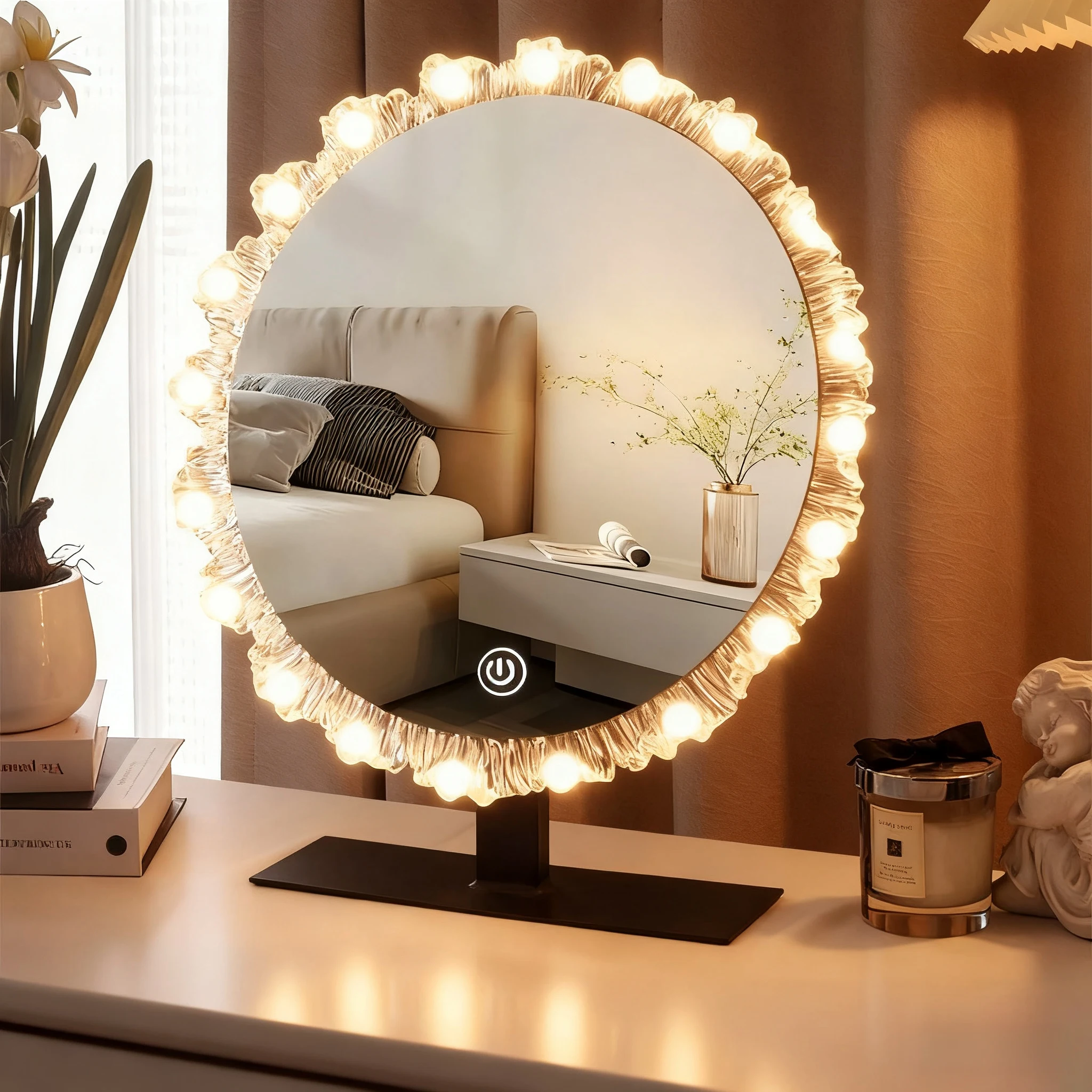 Three-Color Changing Luxury Makeup Mirror Personalized Glass Dressing Table With Smart Lighting For Bedroom