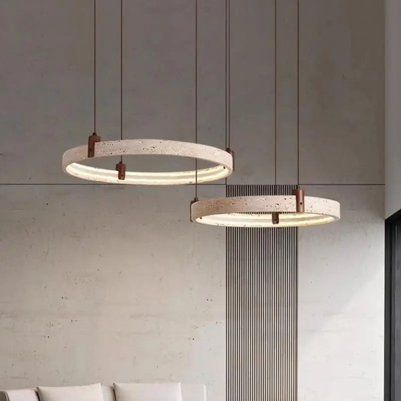 Modern high-end natural yellow cave stone pendant light, simple art circular LED pendant light