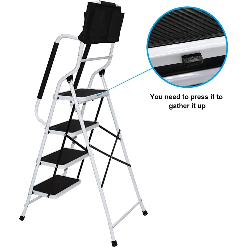 Escada de aço dobrável portátil com capacidade de 500 libras, pedais antiderrapantes, apoios de braços laterais, destacável para fácil armazenamento
