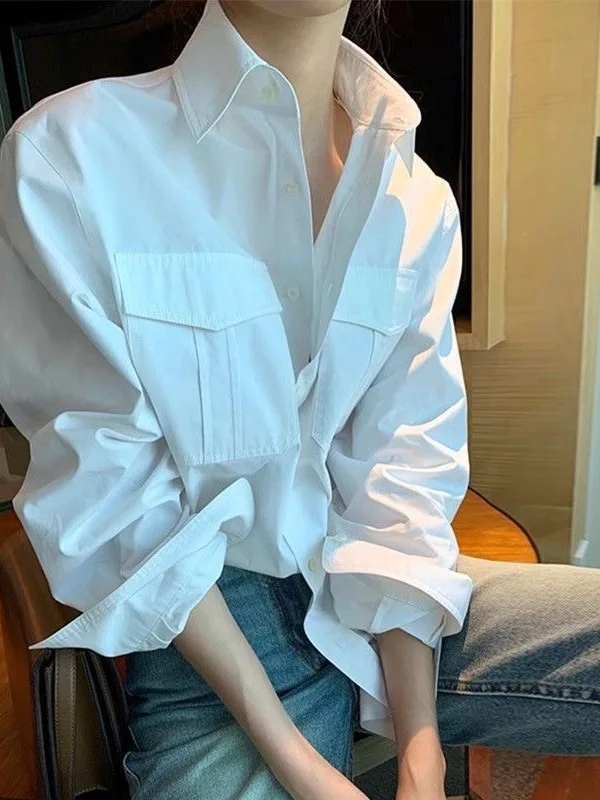 

Весна 2024, повседневная хлопковая белая женская свободная утягивающая многослойная одежда на пуговицах Ne Long Sve Pure Color, рабочая одежда Sle