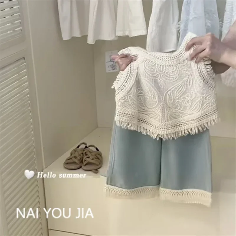

Childrens Sets Design Sense Retro Style Summer Crochet Tassels Short Vest Tops Wide Legs Jeans Two Pieces Tide 2025