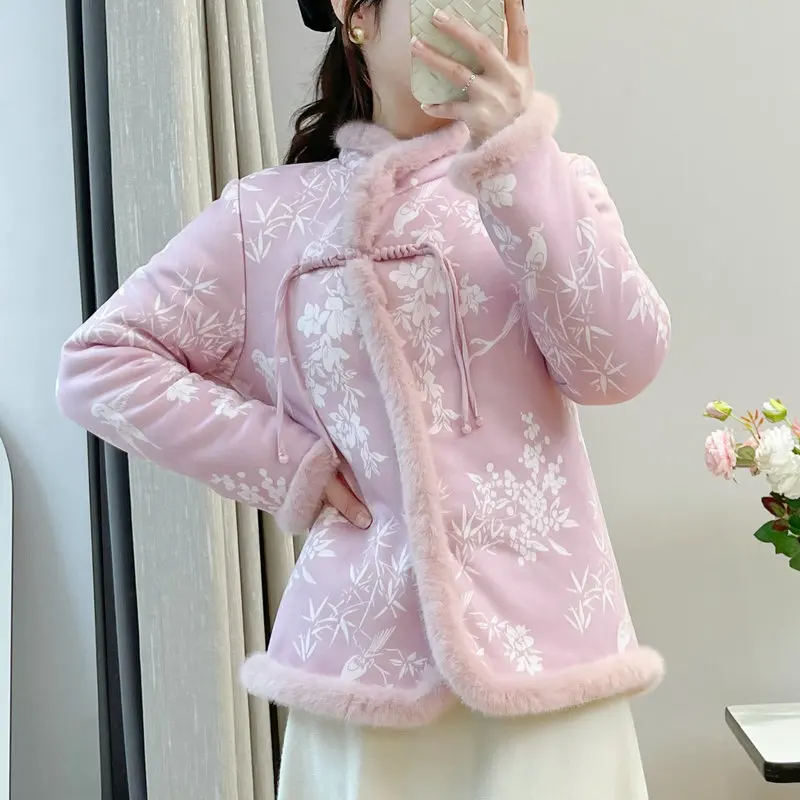 Novo estilo chinês flor jaquetas de algodão feminino inverno novo luxo impresso casaco de algodão forrado de lã engrossar quente outwear 2025 5xl