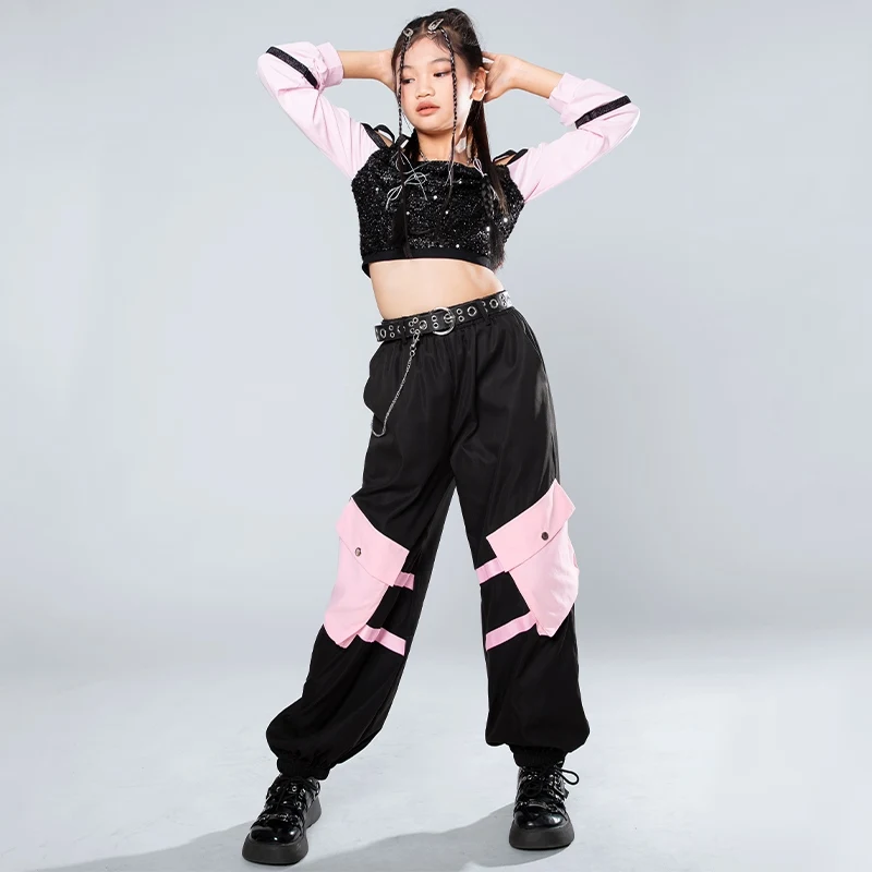 Novas crianças ternos de dança de salão crianças legal hip hop roupas meninas jazz dança traje kpop outfit rua dancewear xs8927