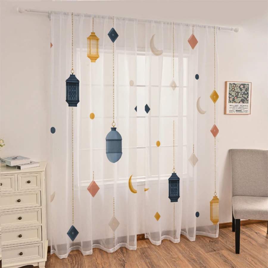 2PCS Digital Print Sheer Curtains, Color Block Geometric Lantern, Modern Bold Ramadan for Bedroom Living Room Home Decor