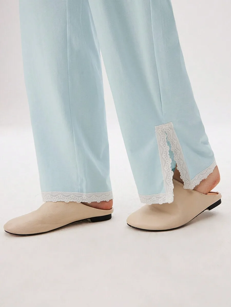 

Womens Cotton Lounge Pants With Lace Trim Pajama Set Spring Summer