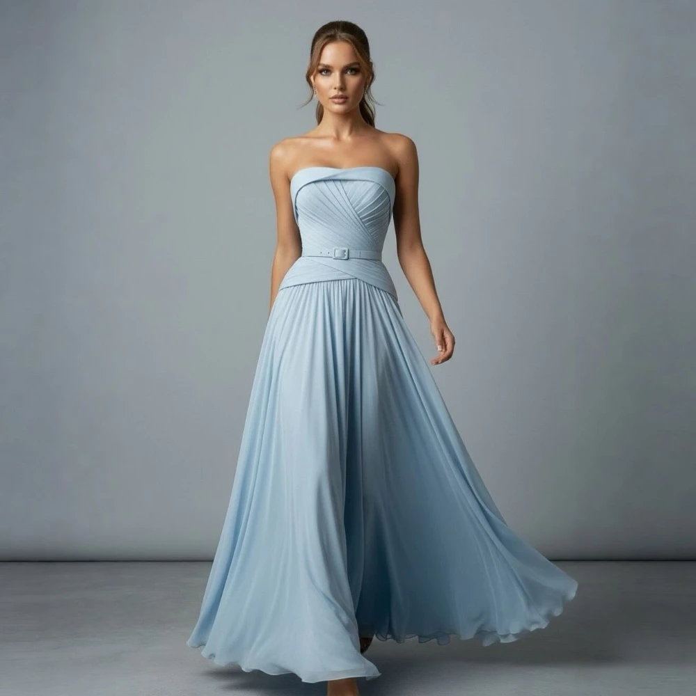 Customized Pastrol Matching Sky Blue Chiffon Pleat Sash Draped A-line Strapless Long Dresses Evening Dresses For Birthday Party
