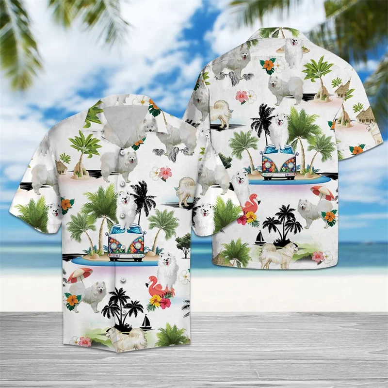 

Cute Samoyed Pattern Hawaiian Shirts Summer Casual Holiday Vacation 3D Printed Lapel Shirt Loose Breathable Dog Lover Blouses