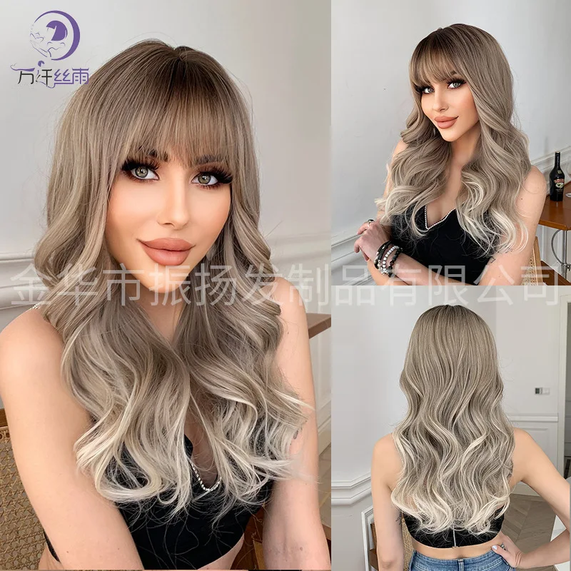 欧米女性向けロングカールヘアグラデーションtカラーのサイドスウィープウィッグ、トップが黒に染められたリアルなウィッグ