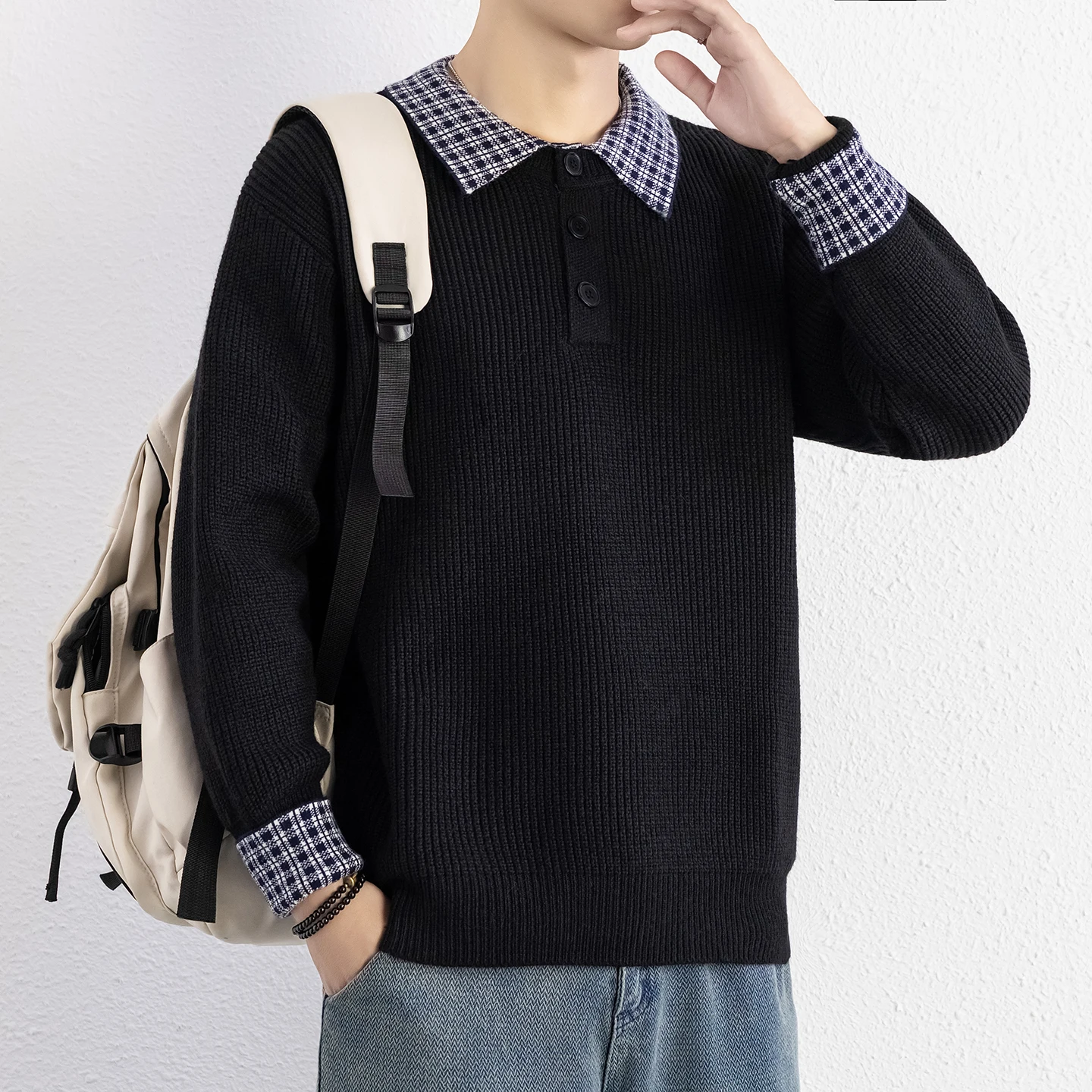 

Мужской утепленный вязаный свитер с воротником-стойкой, имитация двухслойности, повседневная базовая одежда, зимний модный вариант из полиэстеровой смеси