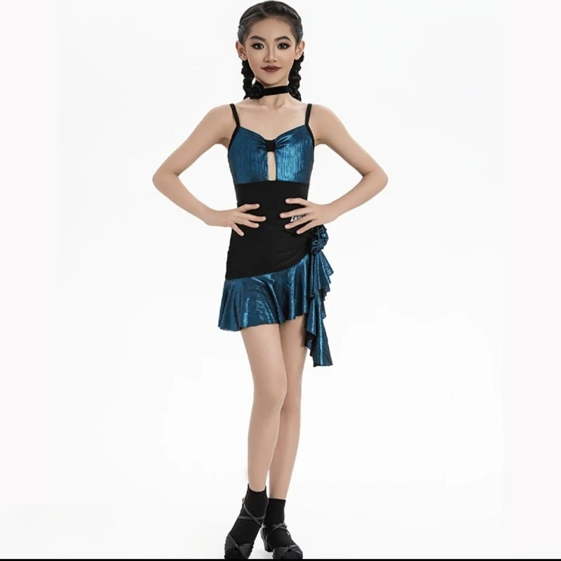 

Платье для латинских танцев по индивидуальному заказу, золотая юбка на подтяжках, тренировочный наряд, профессиональный наряд для выступлений для ча-ча-танго для девочек