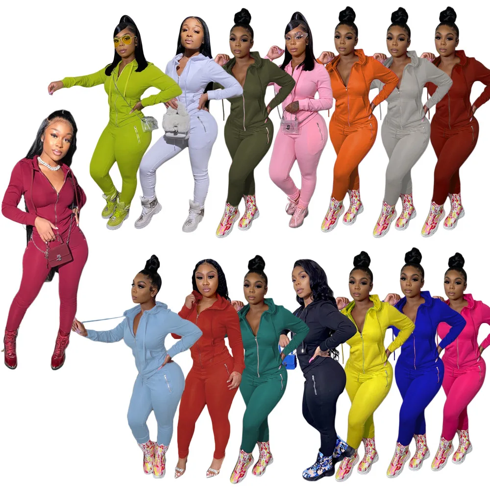 custom slim women sweatsuit set tracksuit zip up fall jogging hoodie set solid joggers pants clothes women two piece pants set