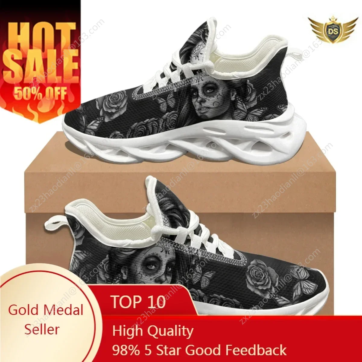 

Halloween Gift Horror Gothic Skull Girl Design Lightweight Lace-up Shoes Outdoor Non-slip Breathable Flat Shoes Fashion Sneakers