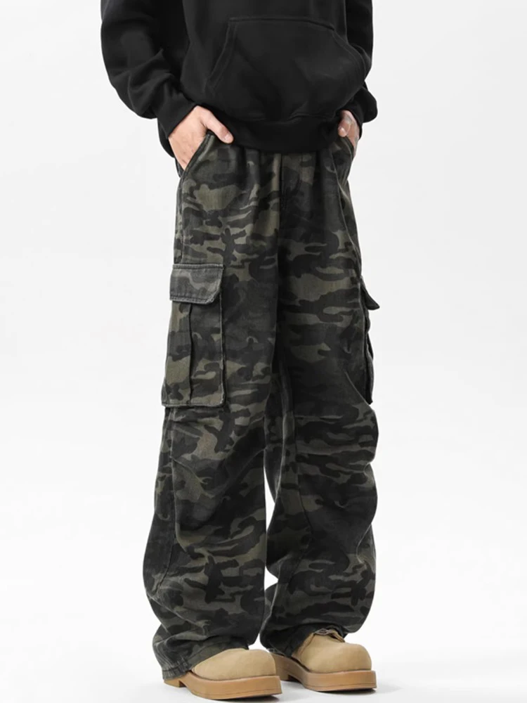 

Retro American Camouflage Men's Jeans Straight Leg Workwear Paratrooper Pants High Street Casual Long Trousers Autumn Winter