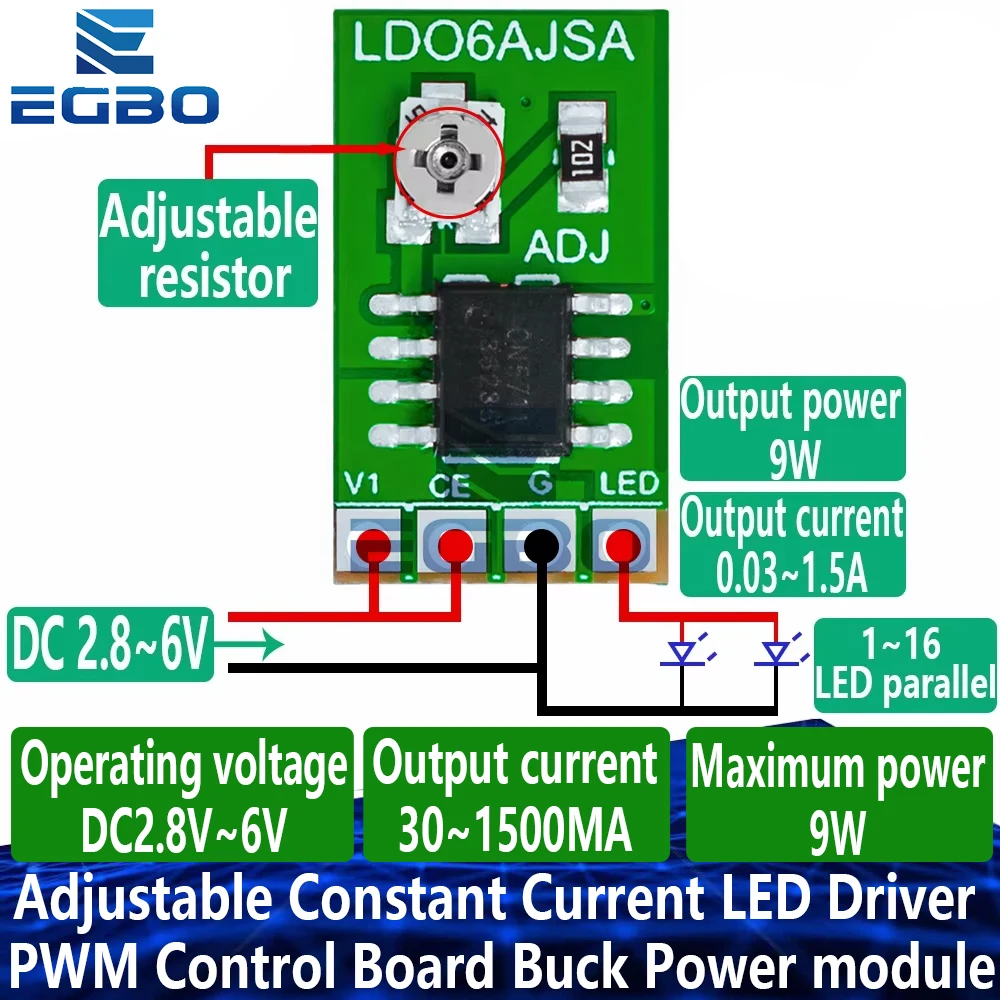 5PCS~20PCS EGBO 30-1500MA Adjustable Constant Current LED Driver DC 3.3V 3.7V 4.2V 5V PWM Control Board Buck Power module