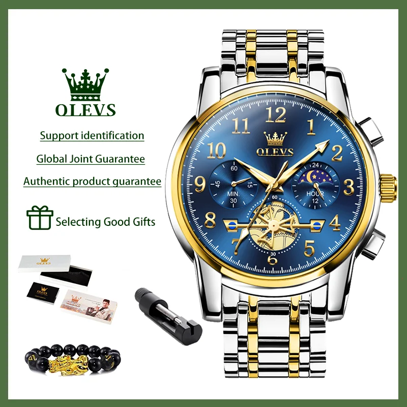 OLEVS Brand Moon Phase Men Watches Stainless Steel Waterpoof Luminous Fashion Skeleton Chronograph Quartz Wristwatch for Men NEW