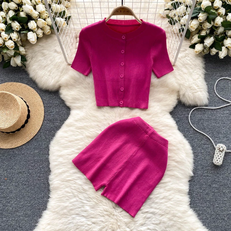 2024 Summer Women Knit Two Piece Sets Sexy Short Crop Top+ Elastic Waist Knit Shorts Fashion Solid Women Suits Outfits