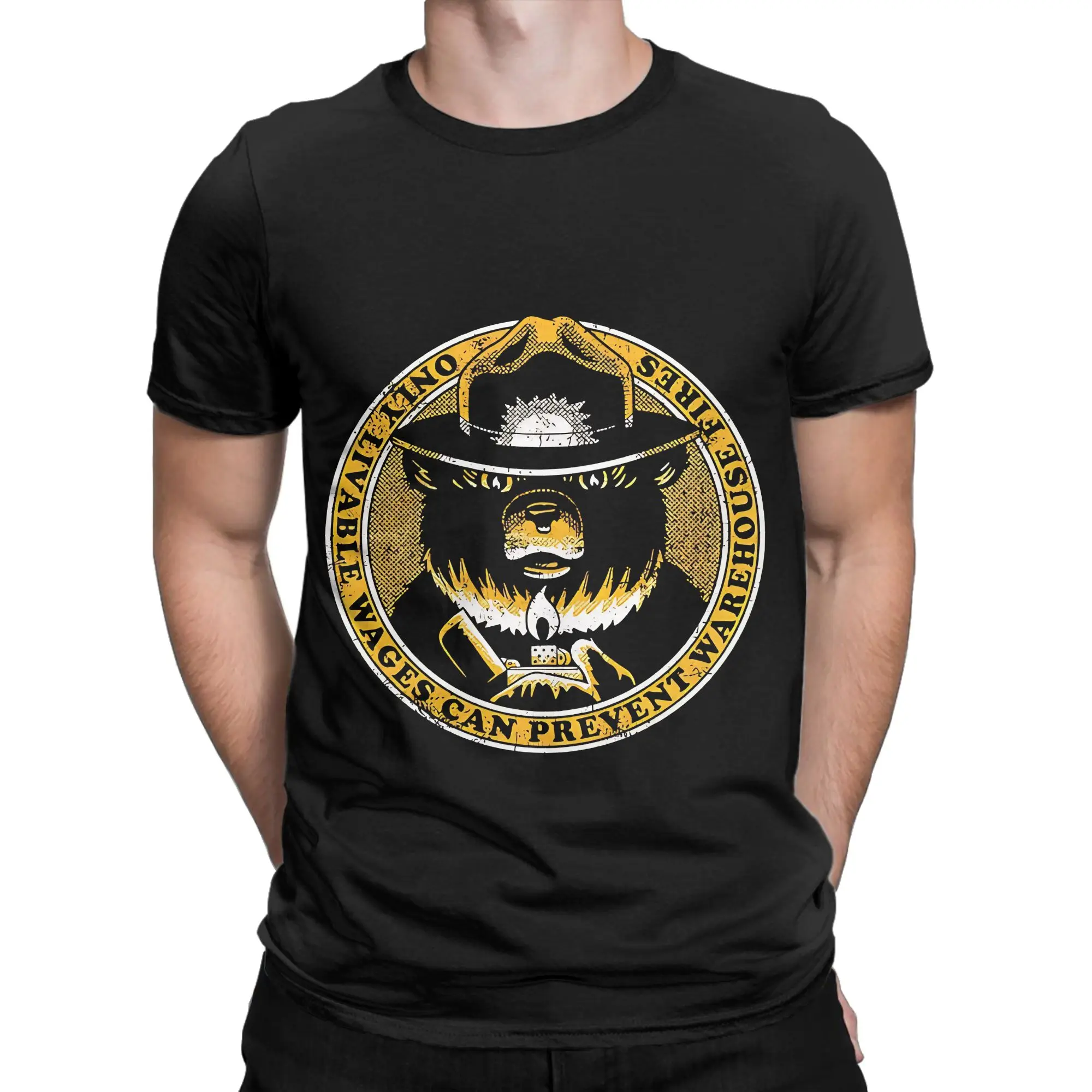 livable wages can prevent warehouse fires Smokey bBear Funny 100% Cotton T-Shirt Smokey bBear Tops Tees For Men