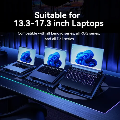 Imagen 2 del producto Llano V22 Enfriador de computadora portátil Carga USB con luz RGB para computadoras portátiles para juegos de 13,3-17,3 pulgadas Refrigeración de computadora portátil ajustable en 7 alturas